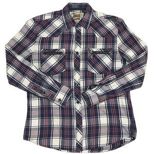 JNCO Crown Brand Shirt Mens Medium Plaid Long Sleeve Button Up Zip Pockets